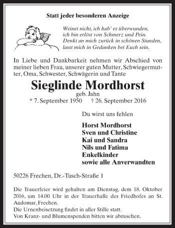 Anzeige von Sieglinde Mordhorst von  Wochenende 