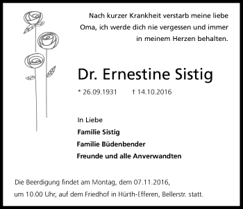 Anzeige von Ernestine Sistig von Kölner Stadt-Anzeiger / Kölnische Rundschau / Express