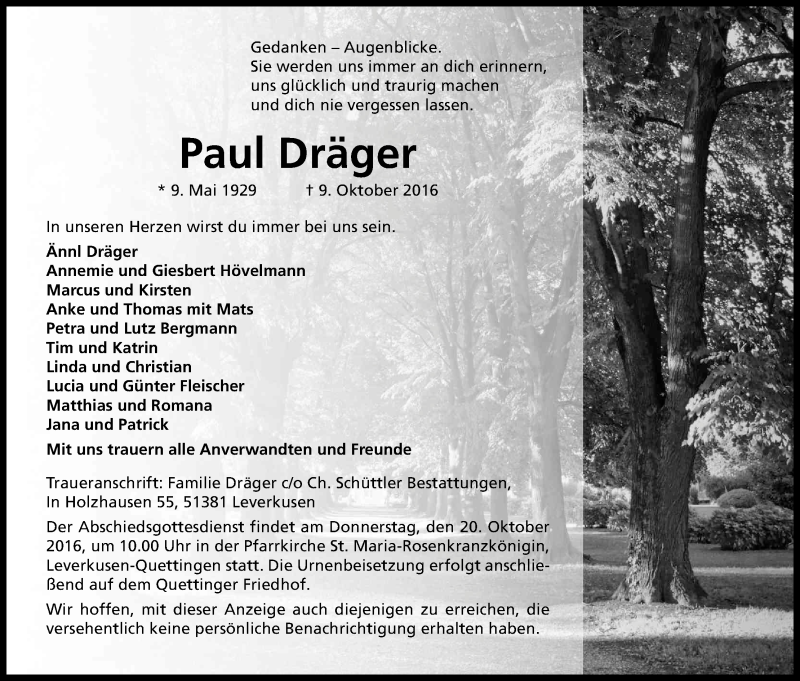  Traueranzeige für Paul Dräger vom 15.10.2016 aus Kölner Stadt-Anzeiger / Kölnische Rundschau / Express