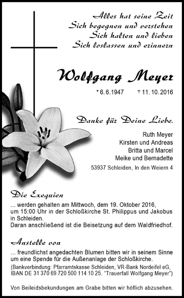  Traueranzeige für Wolfgang Meyer vom 15.10.2016 aus Kölner Stadt-Anzeiger / Kölnische Rundschau / Express