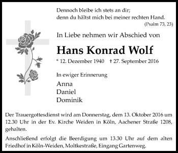 Anzeige von Hans Konrad Wolf von Kölner Stadt-Anzeiger / Kölnische Rundschau / Express
