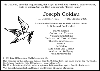 Anzeige von Joseph Goldau von Kölner Stadt-Anzeiger / Kölnische Rundschau / Express
