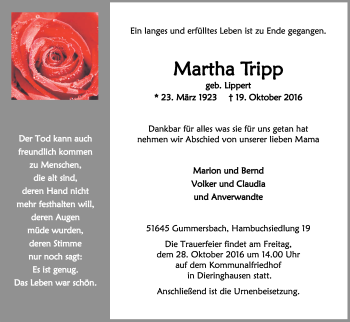 Anzeige von Martha Tripp von Kölner Stadt-Anzeiger / Kölnische Rundschau / Express