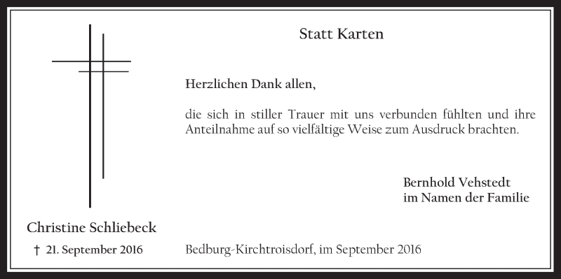  Traueranzeige für Christine Schliebeck vom 12.10.2016 aus  Werbepost 