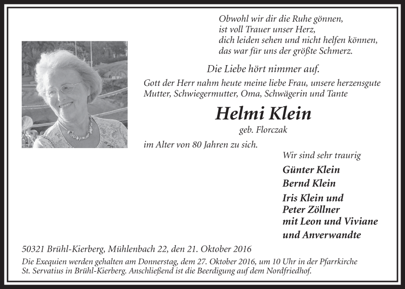  Traueranzeige für Helmi Klein vom 26.10.2016 aus  Schlossbote/Werbekurier 