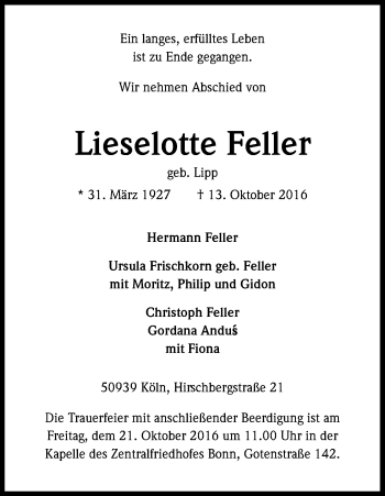 Anzeige von Lieselotte Feller von Kölner Stadt-Anzeiger / Kölnische Rundschau / Express