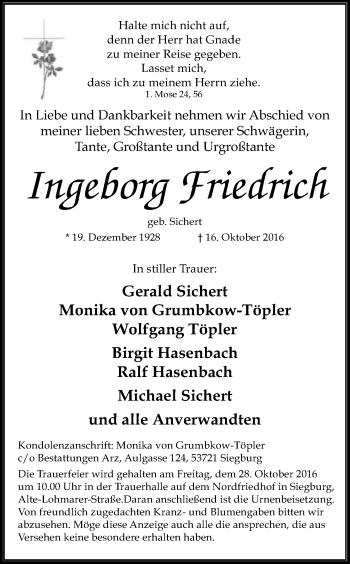 Anzeige von Ingeborg Friedrich von Kölner Stadt-Anzeiger / Kölnische Rundschau / Express