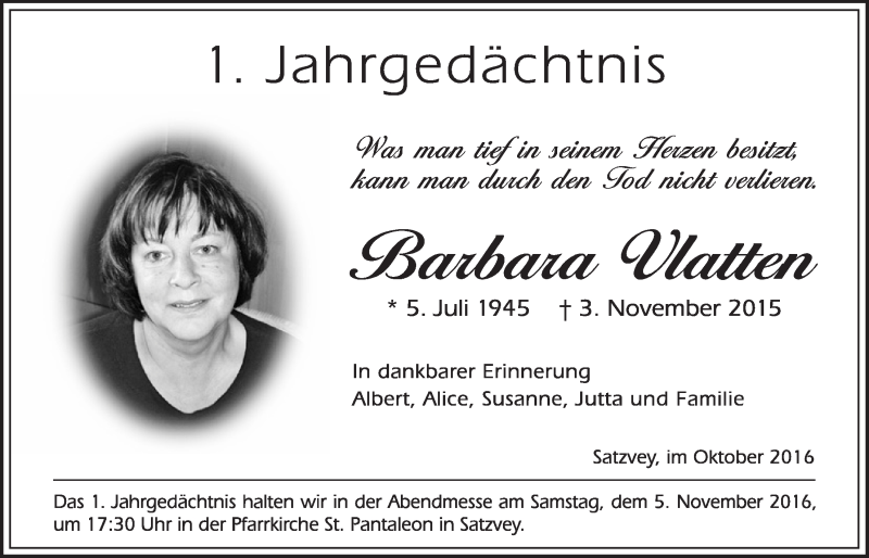  Traueranzeige für Barbara Vlatten vom 29.10.2016 aus  Blickpunkt Euskirchen 