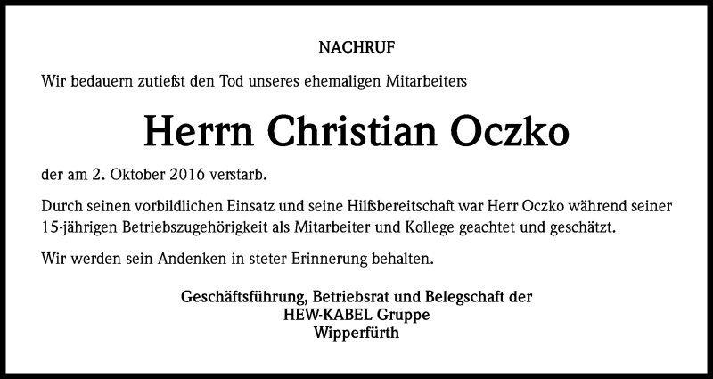  Traueranzeige für Christian Oczko vom 15.10.2016 aus Kölner Stadt-Anzeiger / Kölnische Rundschau / Express