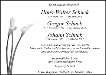 Anzeige von Hans-Walter, Gregor und Johann Schuck von Kölner Stadt-Anzeiger / Kölnische Rundschau / Express