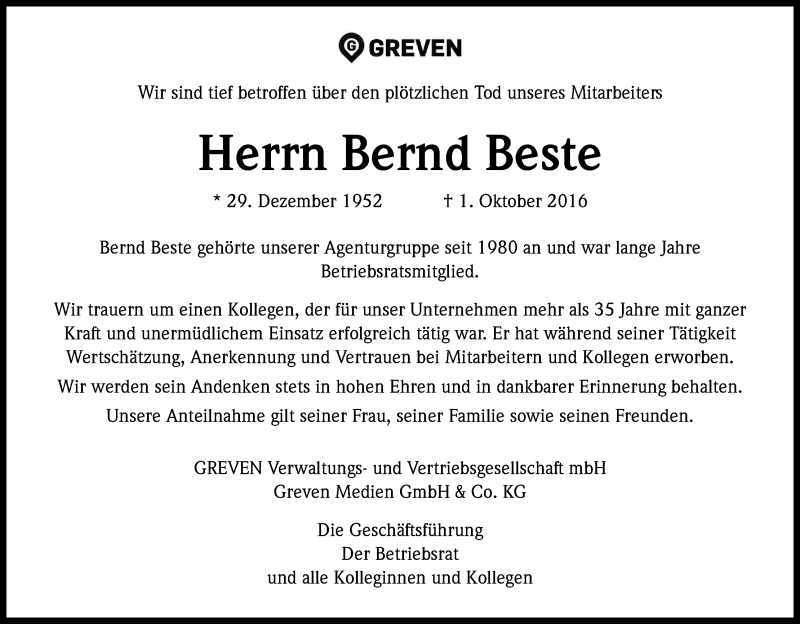  Traueranzeige für Bernd Beste vom 15.10.2016 aus Kölner Stadt-Anzeiger / Kölnische Rundschau / Express