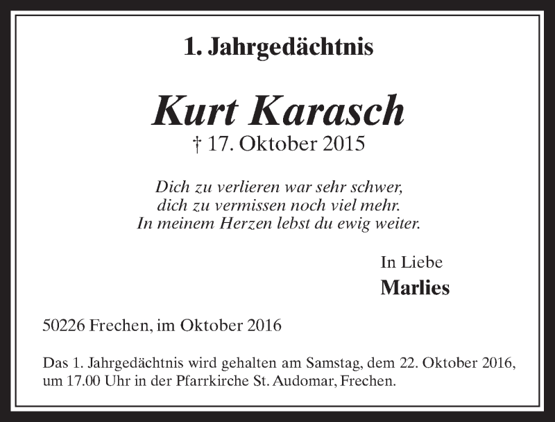  Traueranzeige für Kurt Karasch vom 19.10.2016 aus  Wochenende 