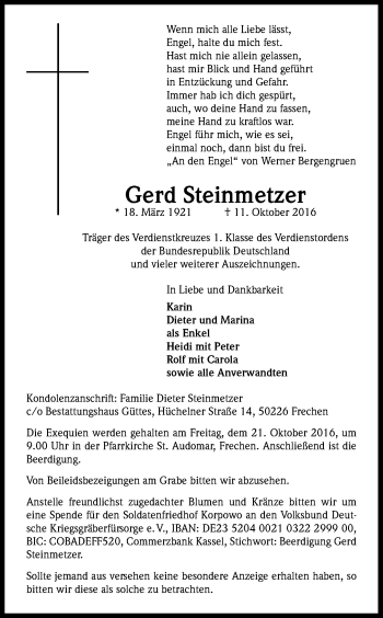 Anzeige von Gerd Steinmetzer von Kölner Stadt-Anzeiger / Kölnische Rundschau / Express