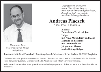 Anzeige von Andreas Placzek von  Sonntags-Post 