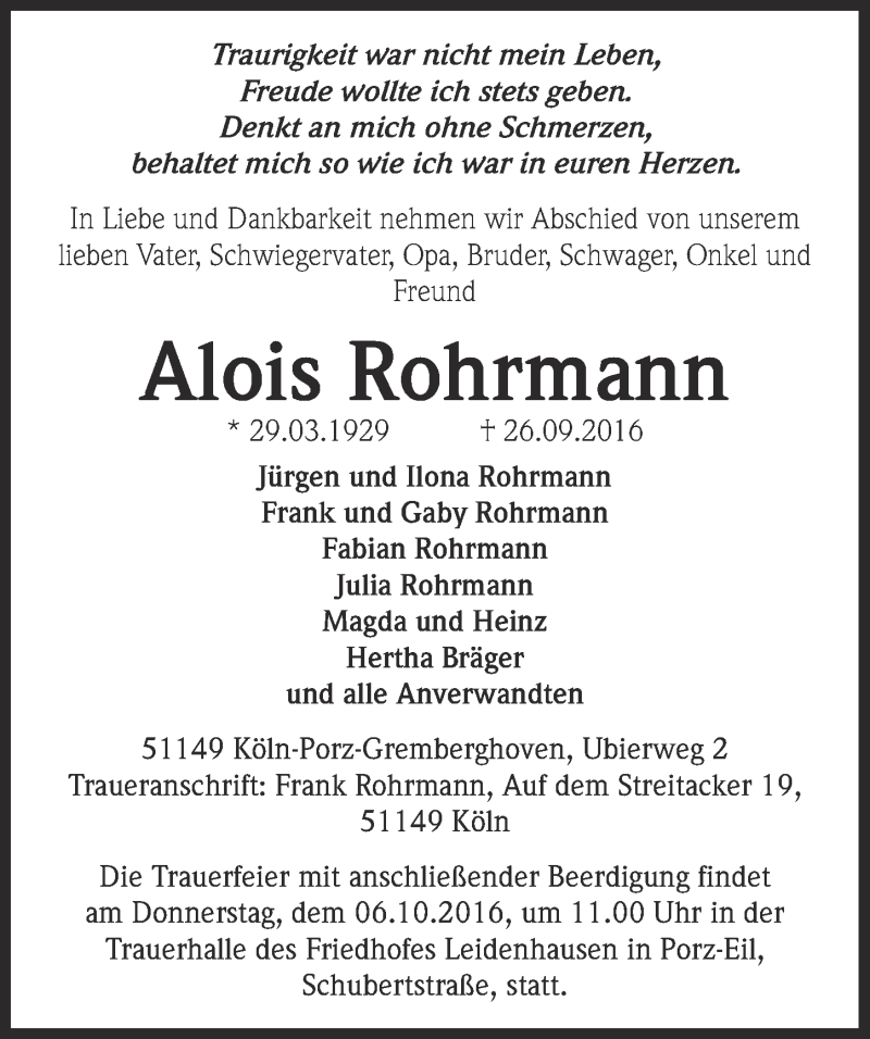  Traueranzeige für Alois Rohrmann vom 05.10.2016 aus  Kölner Wochenspiegel 