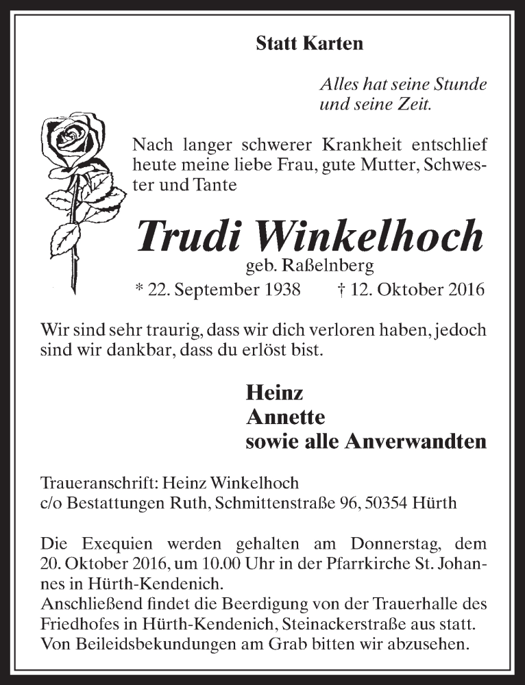 Traueranzeige für Trudi Winkelhoch vom 19.10.2016 aus  Wochenende 
