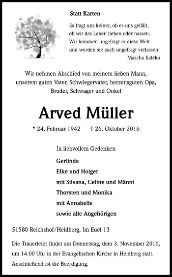 Anzeige von Arved Müller von Kölner Stadt-Anzeiger / Kölnische Rundschau / Express