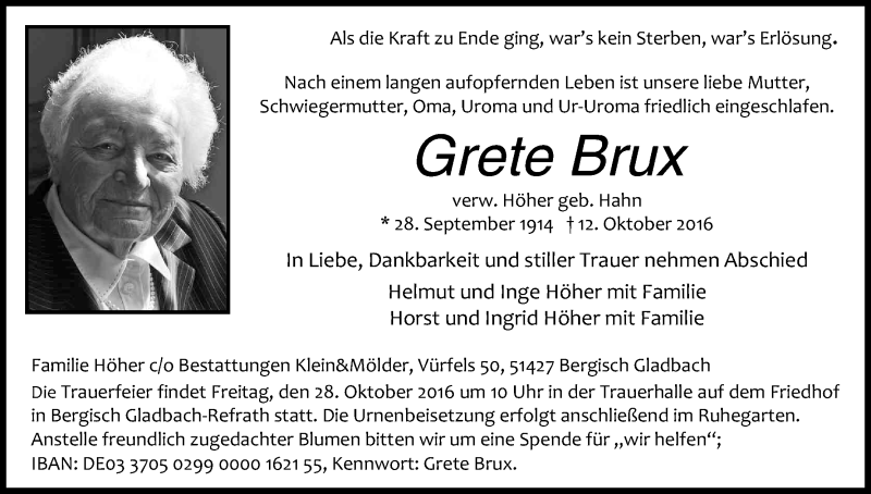  Traueranzeige für Grete Brux vom 22.10.2016 aus Kölner Stadt-Anzeiger / Kölnische Rundschau / Express