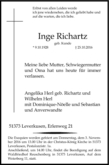 Anzeige von Inge Richartz von Kölner Stadt-Anzeiger / Kölnische Rundschau / Express