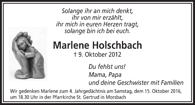  Traueranzeige für Marlene Holschbach vom 12.10.2016 aus  Lokalanzeiger 