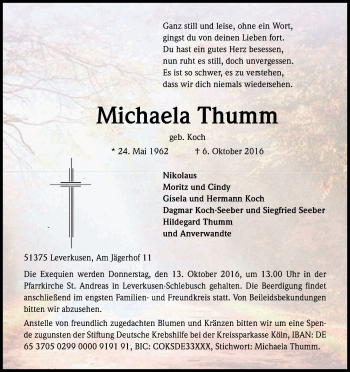 Anzeige von Michaela Thumm von Kölner Stadt-Anzeiger / Kölnische Rundschau / Express