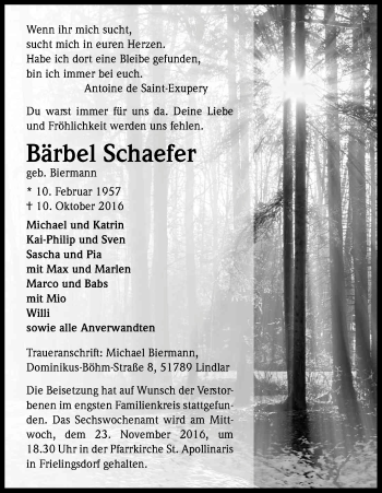 Anzeige von Bärbel Schaefer von Kölner Stadt-Anzeiger / Kölnische Rundschau / Express