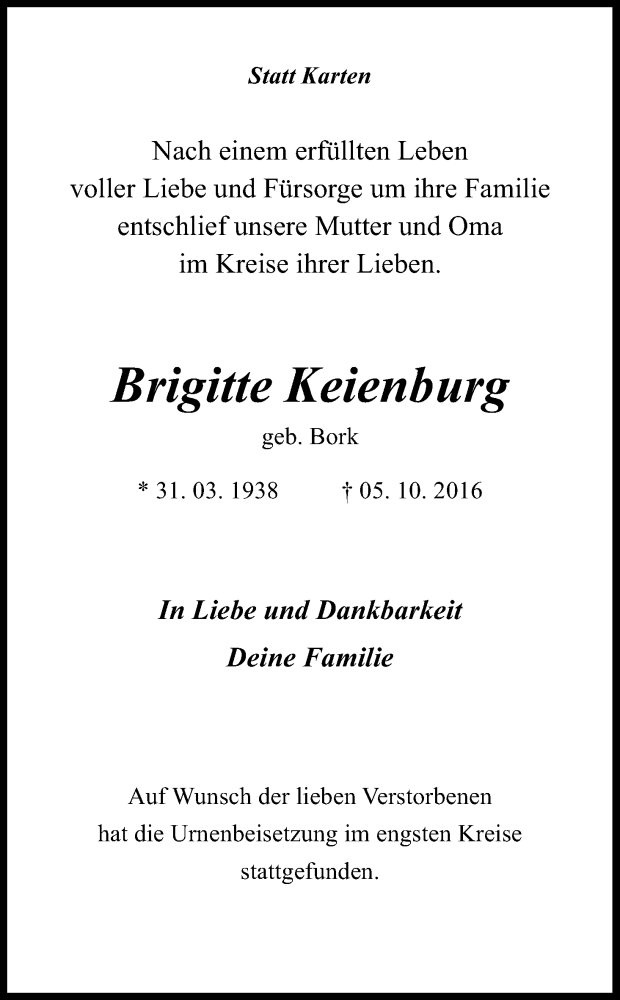 Traueranzeige für Brigitte Keienburg vom 28.10.2016 aus Kölner Stadt-Anzeiger / Kölnische Rundschau / Express