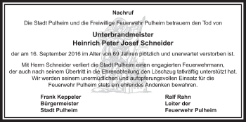 Anzeige von Heinrich Peter Josef Schneider von  Sonntags-Post 