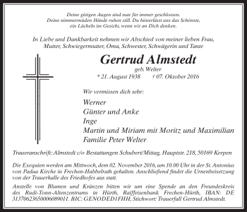 Anzeige von Gertrud Almstedt von  Wochenende 