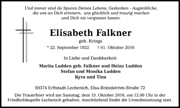 Anzeige von Elisabeth Falkner von Kölner Stadt-Anzeiger / Kölnische Rundschau / Express