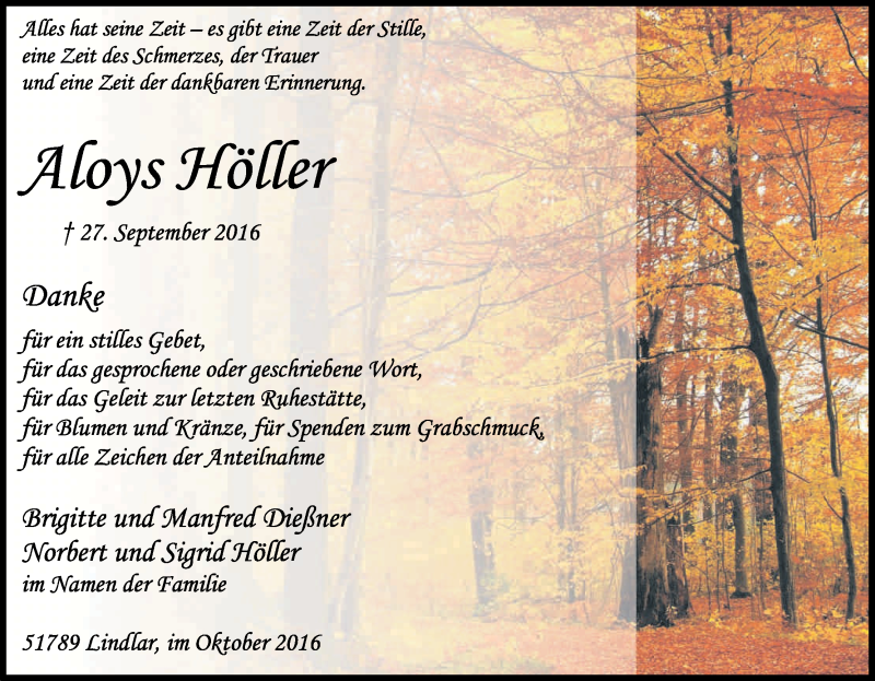  Traueranzeige für Aloys Höller vom 22.10.2016 aus Kölner Stadt-Anzeiger / Kölnische Rundschau / Express