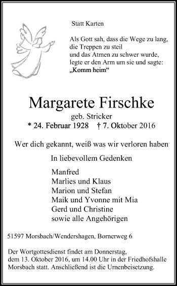 Anzeige von Margarete Firschke von Kölner Stadt-Anzeiger / Kölnische Rundschau / Express
