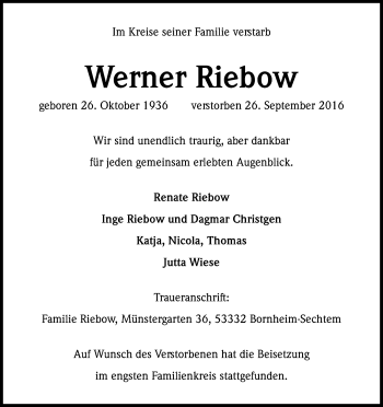 Anzeige von Werner Riebow von Kölner Stadt-Anzeiger / Kölnische Rundschau / Express