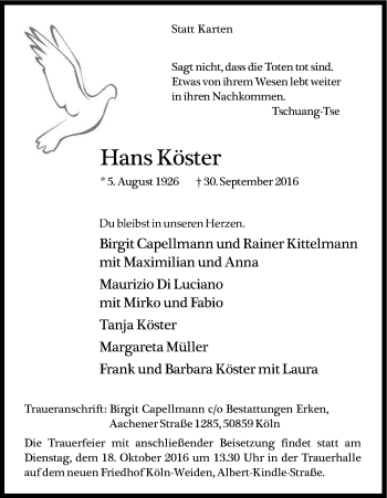 Anzeige von Hans Köster von Kölner Stadt-Anzeiger / Kölnische Rundschau / Express