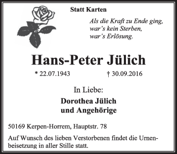 Anzeige von Hans-Peter Jülich von  Sonntags-Post 