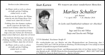 Anzeige von Marlies Schaller von Kölner Stadt-Anzeiger / Kölnische Rundschau / Express