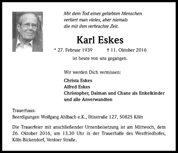 Anzeige von Karl Eskes von Kölner Stadt-Anzeiger / Kölnische Rundschau / Express