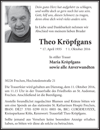 Anzeige von Theo Kröpfgans von  Sonntags-Post 