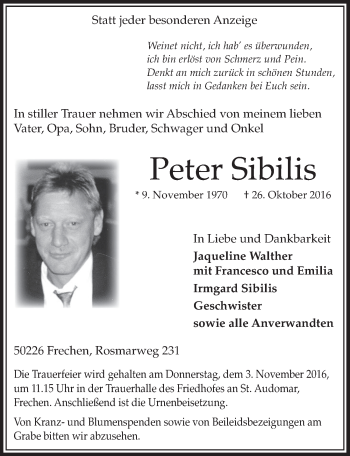 Anzeige von Peter Sibilis von  Sonntags-Post 