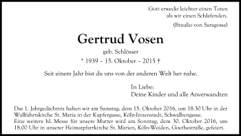 Anzeige von Gertrud Vosen von Kölner Stadt-Anzeiger / Kölnische Rundschau / Express