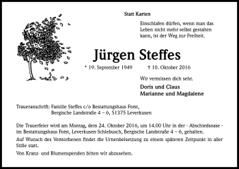 Anzeige von Jürgen Steffes von Kölner Stadt-Anzeiger / Kölnische Rundschau / Express