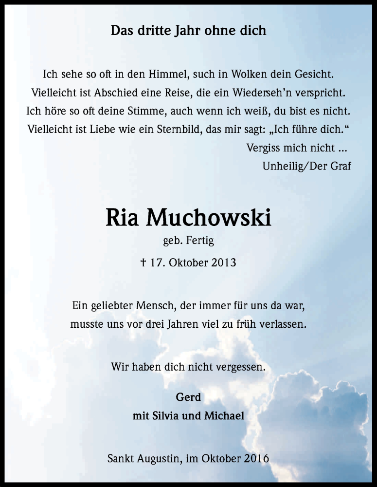  Traueranzeige für Ria Muchowski vom 17.10.2016 aus Kölner Stadt-Anzeiger / Kölnische Rundschau / Express