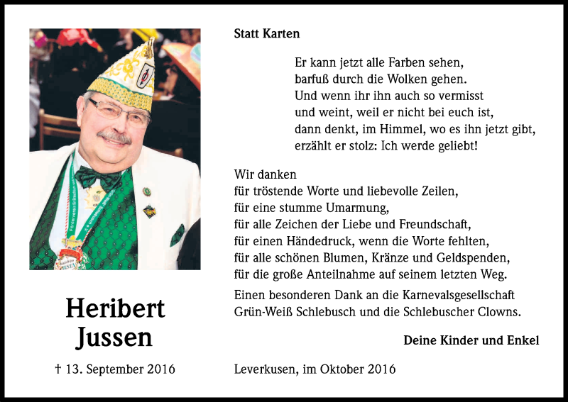  Traueranzeige für Heribert Jussen vom 22.10.2016 aus Kölner Stadt-Anzeiger / Kölnische Rundschau / Express