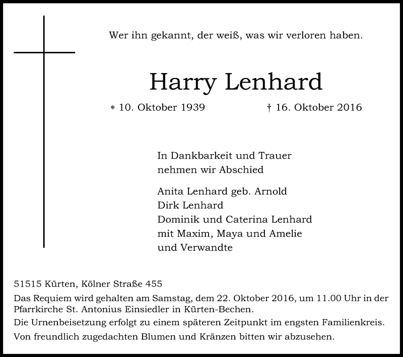  Traueranzeige für Harry Lenhard vom 20.10.2016 aus Kölner Stadt-Anzeiger / Kölnische Rundschau / Express