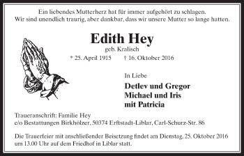 Anzeige von Edith Hey von  Sonntags-Post 