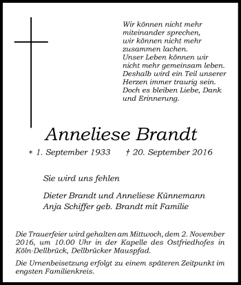 Anzeige von Anneliese Brandt von Kölner Stadt-Anzeiger / Kölnische Rundschau / Express