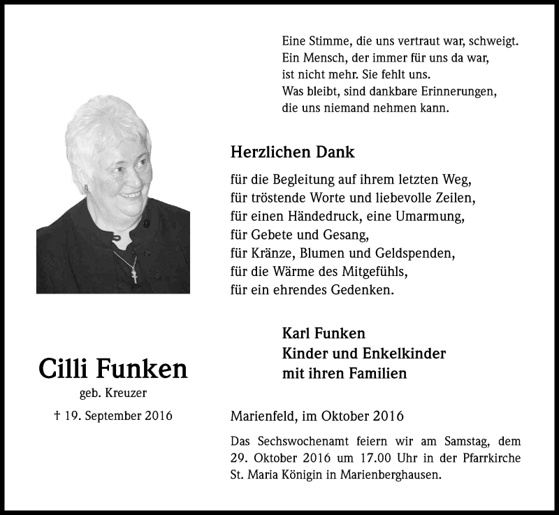  Traueranzeige für Cilli Funken vom 22.10.2016 aus Kölner Stadt-Anzeiger / Kölnische Rundschau / Express
