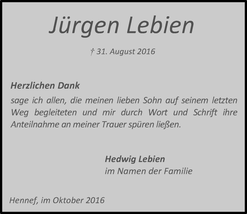  Traueranzeige für Jürgen Lebien vom 05.10.2016 aus  Extra Blatt 