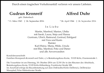 Anzeige von Gudrun Kronreif von Kölner Stadt-Anzeiger / Kölnische Rundschau / Express