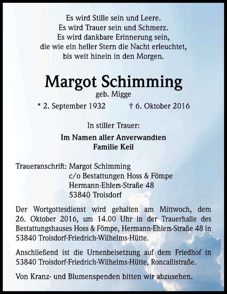  Traueranzeige für Margot Schimming vom 22.10.2016 aus Kölner Stadt-Anzeiger / Kölnische Rundschau / Express